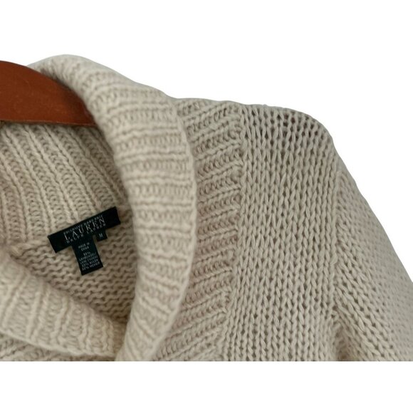 Lauren Ralph Lauren Lambswool Hand Cable Knit Shawl Collar Sweater Cream Size M - Picture 6 of 9
